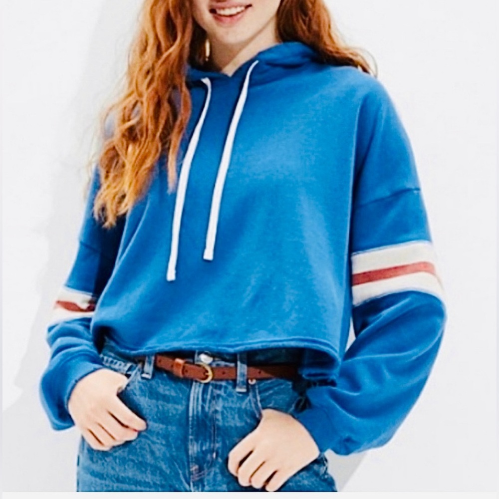 AE Fleece Cropped Boxy Hoodie Royal Blue/ Athletic Stripe L